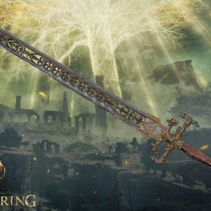 May include: A large, ornate sword with a gold and silver finish. The sword has intricate carvings and a long, sharp blade. The sword is set against a backdrop of a large, glowing tree and a ruined city.