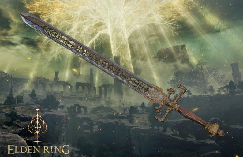 May include: A large, ornate sword with a gold and silver finish. The sword has intricate carvings and a long, sharp blade. The sword is set against a backdrop of a large, glowing tree and a ruined city.