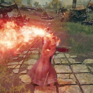 May include: A character in a red robe is casting a fiery spell, creating a large burst of flames. The spell is called "Night and Flame Stance".