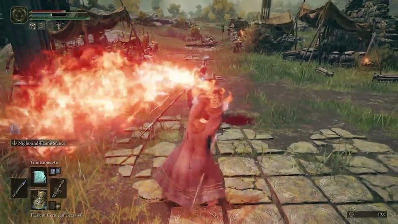 May include: A character in a red robe is casting a fiery spell, creating a large burst of flames. The spell is called "Night and Flame Stance".