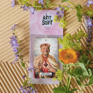 May include: A rectangular air freshener featuring a smiling man in a floral crown and a red heart design. The air freshener has the text "HAVE A CAMPA CHOO-CHOO ON ME". The background is a light pink card with the text "Aint Saint".