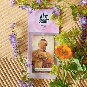 May include: A car air freshener with a pink background and a picture of a woman holding a lamb. The text on the air freshener reads "Cherish the natural world because you are a part of it".