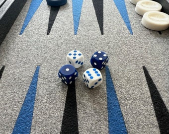 Backgammon Precision Dice - 16mm, 5/8 Inch, Blue with White pips and White with Blue pips, 2 Pair