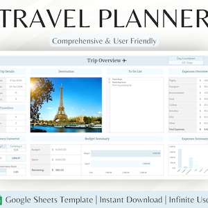 Travel Planner Google Sheets Digital Travel Planner  Travel Itinerary Digital Holiday Planner Travel Budget Google Sheets
