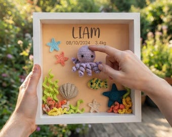 Caja de sombras de bebé con temática marina, tejida a crochet y personalizada, marco con datos de nacimiento de animales marinos, decoración de pared para habitación infantil con temática submarina, regalo para baby shower.