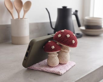Handmade Crochet Mushroom Phone Holder, Cute Mushroom Phone Stand, Yarn Desk Decor, Woodland Gift for Her,  Gift for Nature Lovers