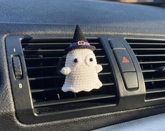 Clip de ventilación para coche con forma de fantasma de ganchillo, decoración de coche de Halloween hecha a mano, accesorio de coche espeluznante y bonito, regalo con forma de fantasma para ella, regalos de Halloween
