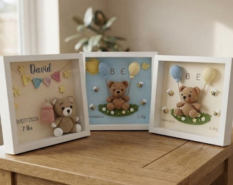 Caja de presentación personalizada de ganchillo para anunciar el nacimiento del bebé, guirnalda de biberones y ositos de peluche personalizada para la habitación del bebé, regalo de recuerdo para la nueva mamá