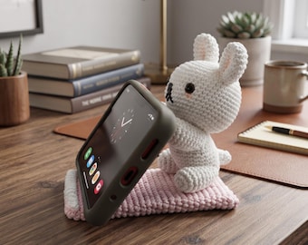 Crochet Bunny Phone Stand, Handmade Rabbit Phone Holder, Cute Desk Decor, Yarn Phone Rest, Unique Gift for Her, Animal Lover Gift