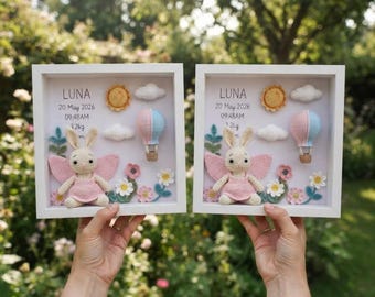 Caja de sombras personalizada de conejito de ganchillo para bebé, marco personalizado para anuncio de datos de nacimiento, decoración de pared de conejito para habitación infantil, regalo para baby shower de recién nacido