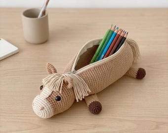 Cute Crochet Animal Pencil Case, Handmade Zipper Pencil Pouch, Animal Pen Bag, Kawaii School Organizer, Unique Gift for Kids