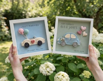 Caja de recuerdos personalizada de ganchillo para coche de boda, marco de regalo personalizado para recién casados, recuerdo de los novios, decoración de aniversario de bodas