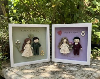 Caja de sombras de ganchillo personalizada para novios, regalo de boda personalizado para parejas, recuerdo de muñecos de novios, decoración de aniversario de bodas