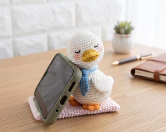 Handmade Crochet Duck Phone Holder, Cute Duck Phone Stand, Yarn Desk Decor, Handmade Phone Rest, Adorable Gift for Animal Lovers