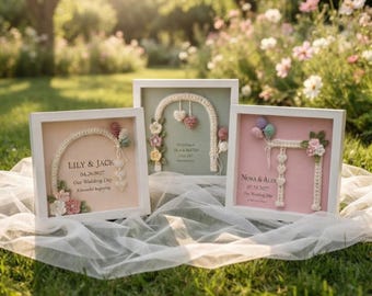 Caja de sombras con arco de boda de ganchillo personalizado, marco de regalo floral personalizado para parejas, recuerdo de los novios, decoración para aniversario de bodas.