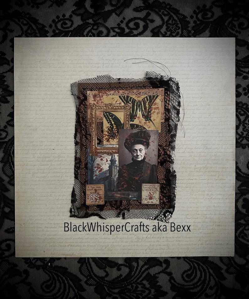 May include: A collage featuring vintage imagery, including a portrait of a woman, framed butterfly illustrations, and aged paper textures. The collage is accented with black lace and the text "BlackWhisperCrafts aka Bexx".