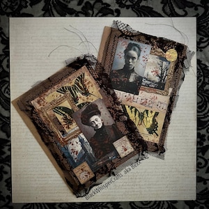 May include: Two handmade collages featuring vintage portraits, butterfly illustrations, and antique ephemera. Each collage is framed with brown lace and decorative elements, creating a layered, artistic effect. The background is a cream-colored paper with handwritten text.