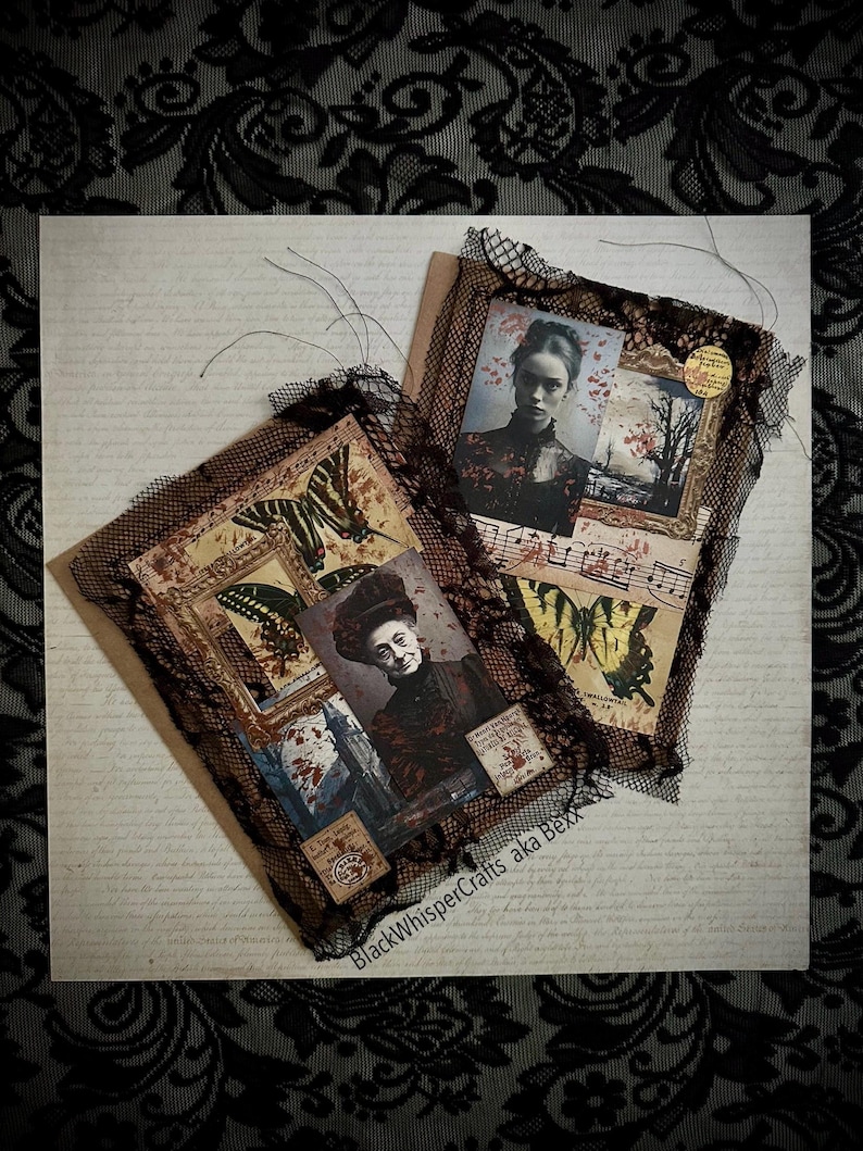 May include: Two handmade collages featuring vintage portraits, butterfly illustrations, and antique ephemera. Each collage is framed with brown lace and decorative elements, creating a layered, artistic effect. The background is a cream-colored paper with handwritten text.