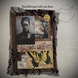 May include: Mixed media art piece featuring a vintage aesthetic. It includes a portrait, a landscape painting, sheet music, and a butterfly illustration. The artwork is framed with black lace and includes the text "BlackWhisperCrafts aka Bex".