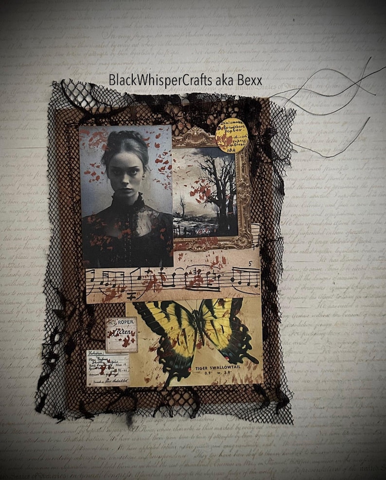 May include: Mixed media art piece featuring a vintage aesthetic. It includes a portrait, a landscape painting, sheet music, and a butterfly illustration. The artwork is framed with black lace and includes the text "BlackWhisperCrafts aka Bex".