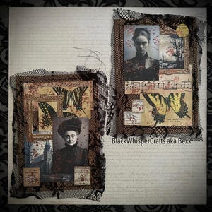 May include: Two mixed media art pieces with vintage imagery. One features a portrait, framed butterfly art, and antique ephemera, all framed with black lace. The other includes a portrait, landscape art, and butterfly art, also framed with black lace.