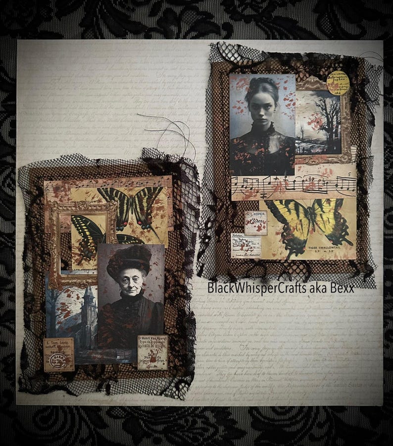 May include: Two mixed media art pieces with vintage imagery. One features a portrait, framed butterfly art, and antique ephemera, all framed with black lace. The other includes a portrait, landscape art, and butterfly art, also framed with black lace.