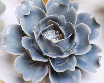 Pastel Blue Rose Ceramic Wall Art: Floral Sculpture Centerpiece