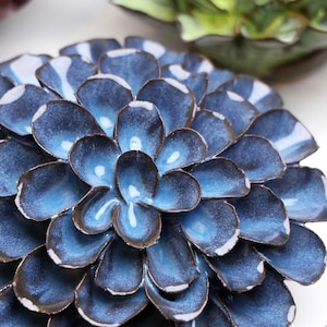 Blue Noir Pompon Dahlia: Faux Succulent Ceramic Plant, Flower Wall Art