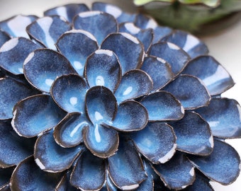 Blue Noir Pompon Dahlia: Faux Succulent Ceramic Plant, Flower Wall Art