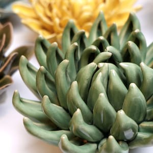 Jade Green Succulent Wall Art: Handmade Ceramic Flower Sculpture