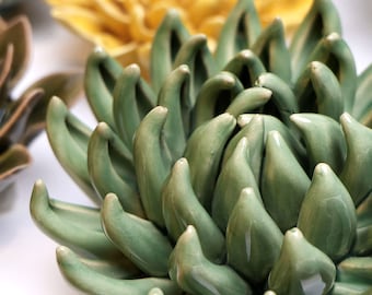 Jade Green Succulent Wall Art: Handmade Ceramic Flower Sculpture