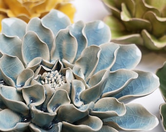 Powder Blue Aphrodite Dahlia Ceramic Flower Wall Art: Modern Floral Wall Hanging