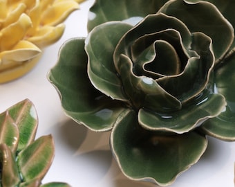 3D Ceramic Floral Wall Art: Fir Green Butterfly Ranunculus