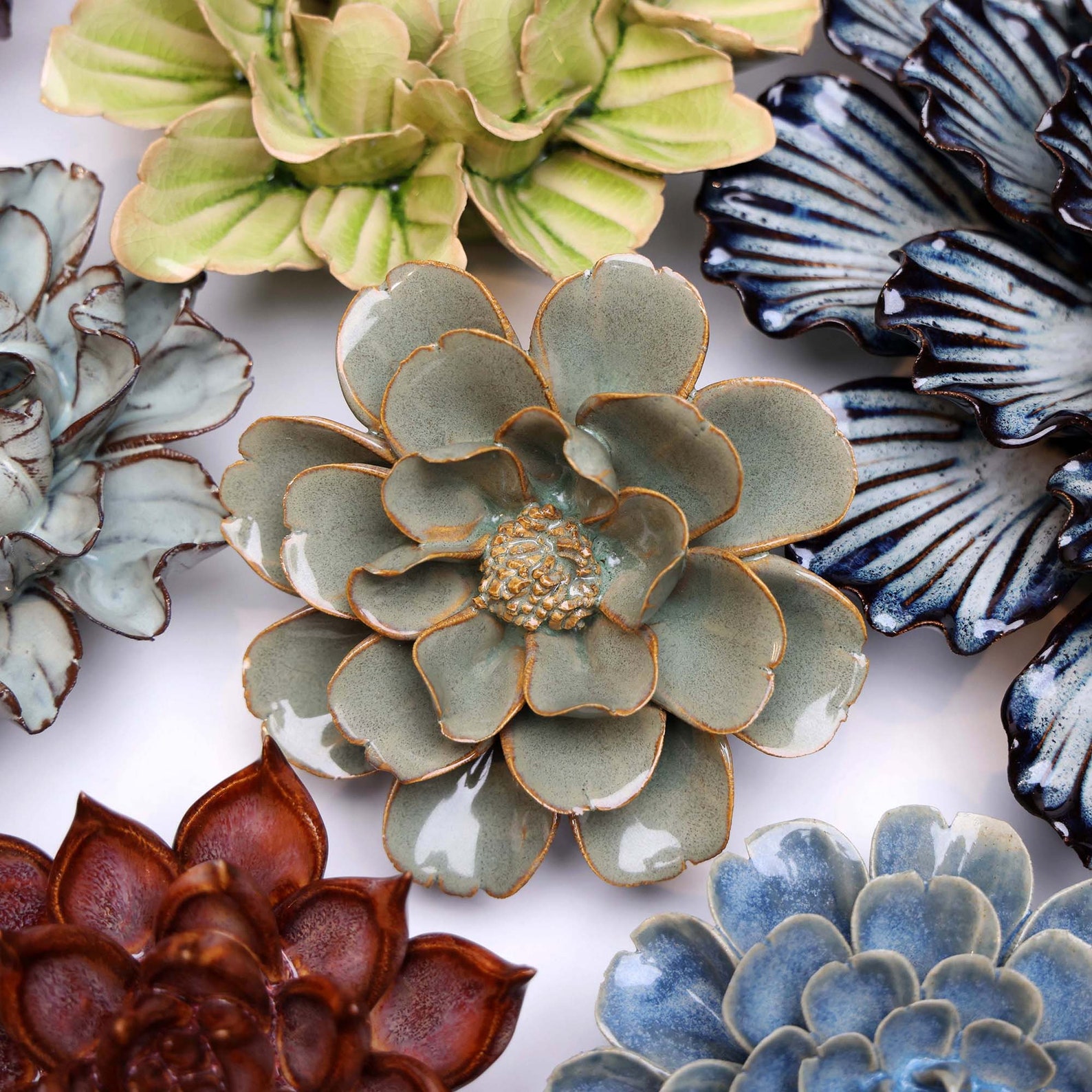 Ceramic Flower Wall Art Small Flower Green Grey - Etsy
