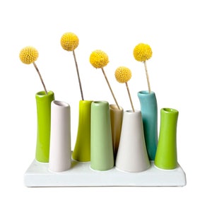Pooley Ceramic Bud Vase: Pea Green Floral Decor with 8 Tubes