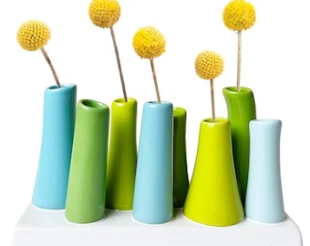 May include: A white ceramic vase with eight individual openings for small flower arrangements. The vase is decorated with a row of light blue and green ceramic vases.