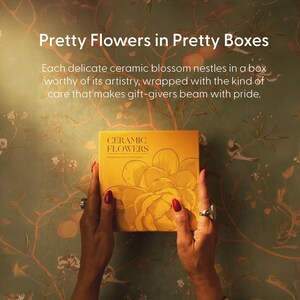 May include: A square, yellow box with the words "CERAMIC FLOWERS" and a floral design is held by hands with red nail polish. The box is against a green floral wallpaper background. The text "Pretty Flowers in Pretty Boxes" is at the top.