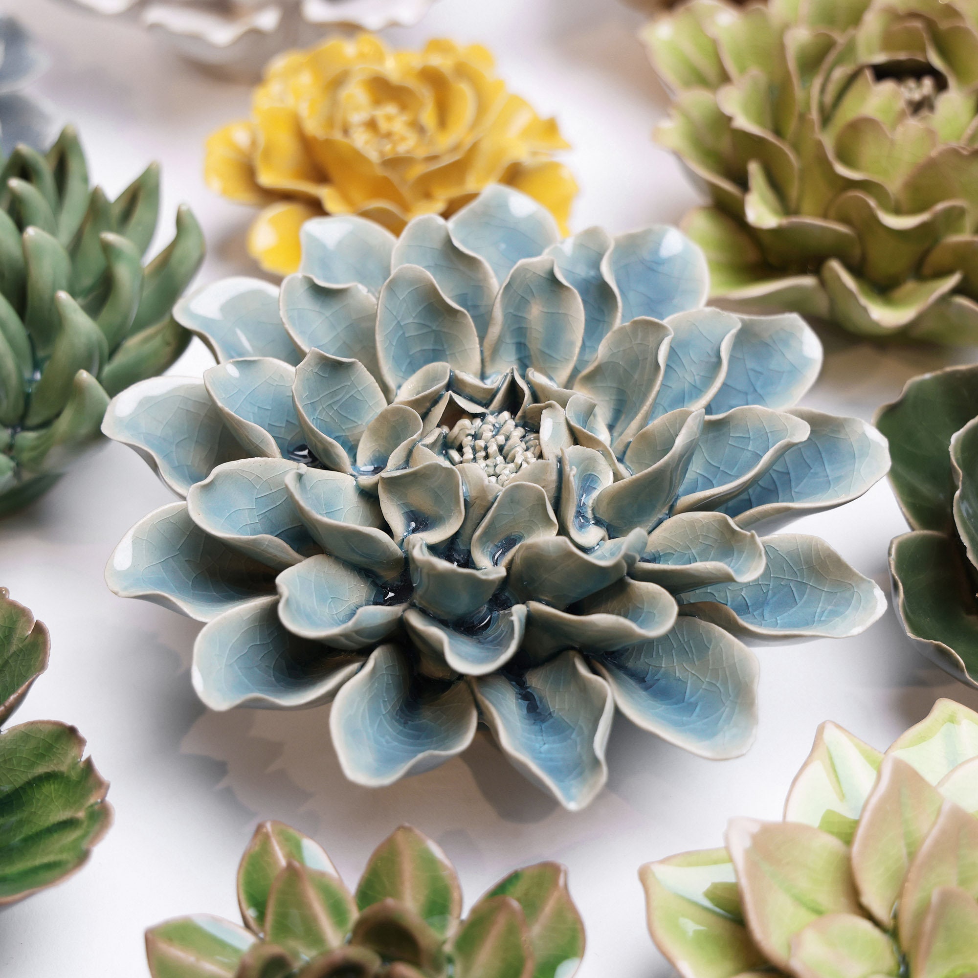 Powder Blue Aphrodite Dahlia Ceramic Flower Wall Art: Modern