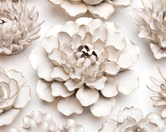 Ceramic Flower Wall Decor: 3D Sculpture, Keyhole Hanging
