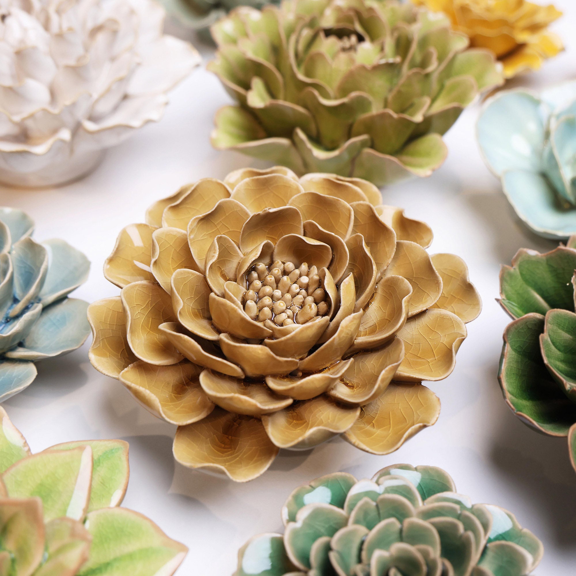 Ceramic Flower Wall Art: Modern Floral Sculpture, Keyhole Hanging