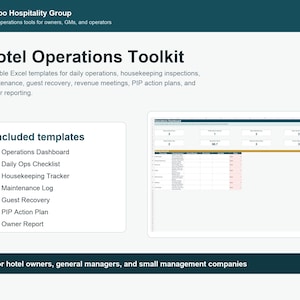Op de afbeelding: Een Hotel Operations Toolkit met bewerkbare Excel-sjablonen voor dagelijkse operaties, huishouding, onderhoud en rapportage. Bevat een Operations Dashboard, checklists, trackers, logboeken en actieplannen voor hotelbeheer.