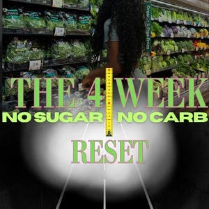 May include: A digital graphic featuring a yellow measuring tape showing 6 inches, overlaid with the text THE 4 WEEK NO SUGAR NO CARB RESET and A ROADMAP TO LOOSING STUBBORN FAT, set against a background of a grocery store produce aisle.