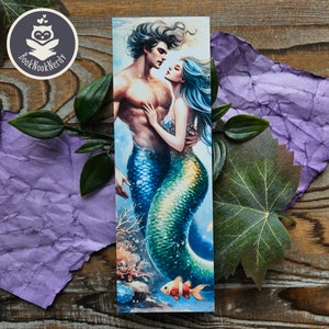 Zakładka do książki z motywem syreny fantasy | Akwarela romantyczna para syrenka zakładka do książki | Możliwość personalizacji! | Artykuły papiernicze | BookNookNerdy