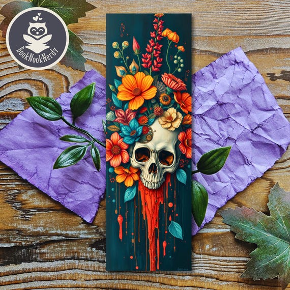 Botanical Skull Bookmark: Floral Horror Reader Gift, Customizable, BookNookNerdy