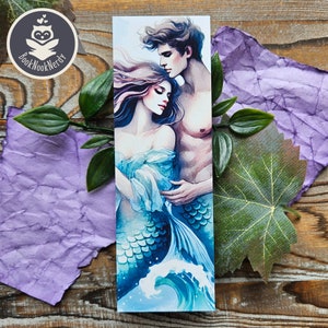 Zakładka do książki z motywem syreny fantasy | Akwarela romantyczna para syrenka zakładka do książki | Możliwość personalizacji! | Artykuły papiernicze | BookNookNerdy