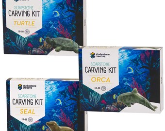 Turtle, Orca & Seal Soapstone Carving and Whittling Kit - Studiostone Creative Ocean Series for Kids and Adults 8-99+