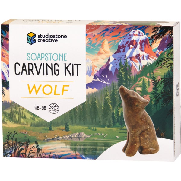 Wolf-Soapstein-Schnitzerei und -Crafting-DIY Arts and Craft Kit. Alle Kid-Safe-Werkzeuge und Materialien enthalten. Für Kinder und Erwachsene von 8 bis 99+ Jahren.