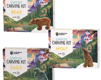 Bear, Wolf & Cat Soapstone Carving and Whittling—DIY Arts and Craft Kit. Kid-Safe Tools, Materials Included for kids, adults 8 to 99+ Years