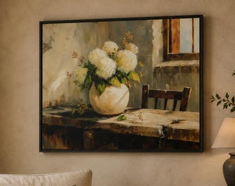 White Hydrangea Canvas Print: Farmhouse Floral Wall Art