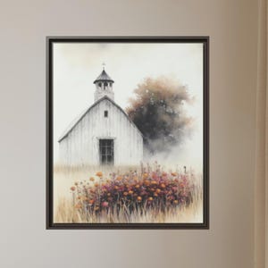 Rustic Autumn Chapel Canvas Print: Farmhouse Fall Landscape Wall Art